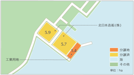 北日本造船株式会社や工業区域を含んだ区画図