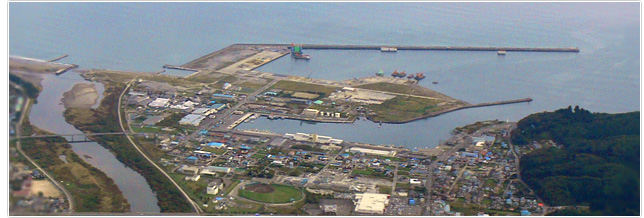 海沿いの青い屋根の建物が多く見受けられる町の航空写真