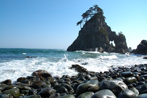 丸い岩たがくさんある海辺に波が押し寄せている写真