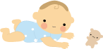 水色の服を着た赤ちゃんが右方向へ這っていて、顔だけがこちらを向いているイラスト