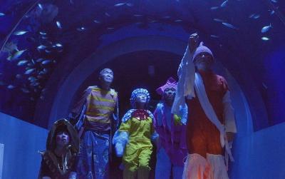 上半分がガラスで魚が見える通路を通る人たちの写真