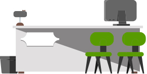 緑色の2脚の椅子の後ろにモニターが乗っているデスクが描かれたイラスト（久慈市のサイトへリンク）