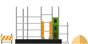 建物の骨組みの横に砂山が置いてあるイラスト