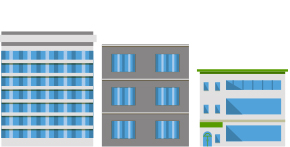 異なる形のビルが3件並んで建っているイラスト（久慈市のサイトへリンク）