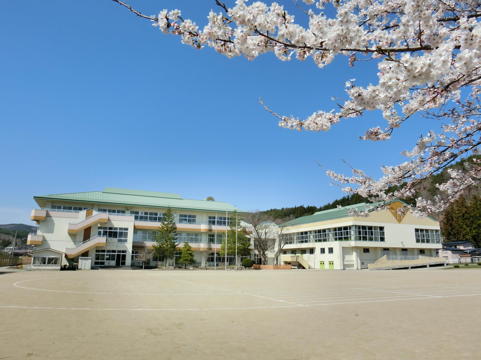 広々とした校庭に青緑色の屋根をした校舎と体育館が並んで建っている写真