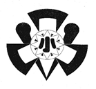 中心に漢字の小と書かれた左右対称でモノクロの校章のイラスト