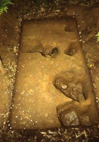 土の中に埋まっている四角形の形の表面にくぼみがある写真