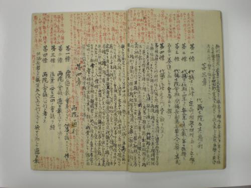 古い書物の左右の両ページに文章がびっしりと書かれている写真