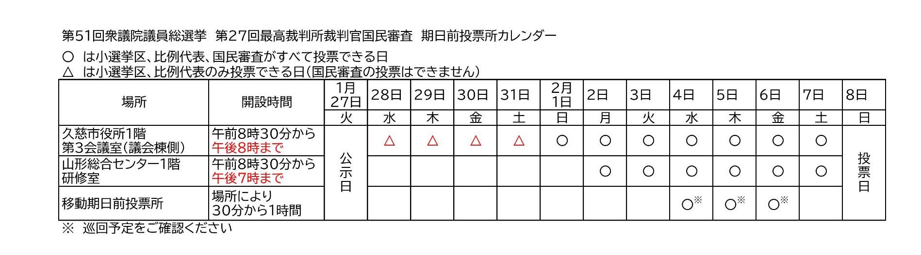 第51回衆議院選挙等の期日前投票所カレンダー