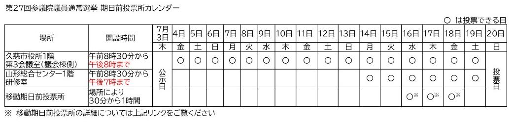 第27回参議院議員通常選挙期日前投票所カレンダー