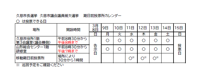 市長市議補選選期日前投票所カレンダー